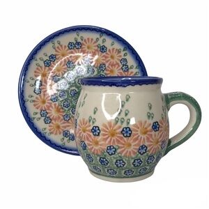 Unikat Artisan Mug & Saucer Floral Ceramic Polish Set Hand Made by Hand